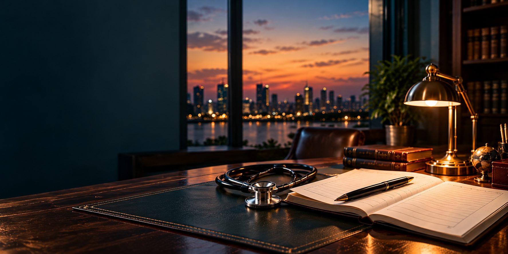 A physician's desk at dusk with a stethoscope and notebook, city lights beyond the window