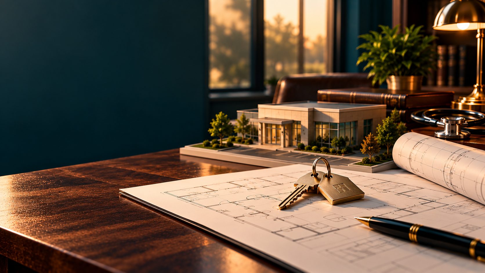 Architectural floor plans with a set of keys and a pen