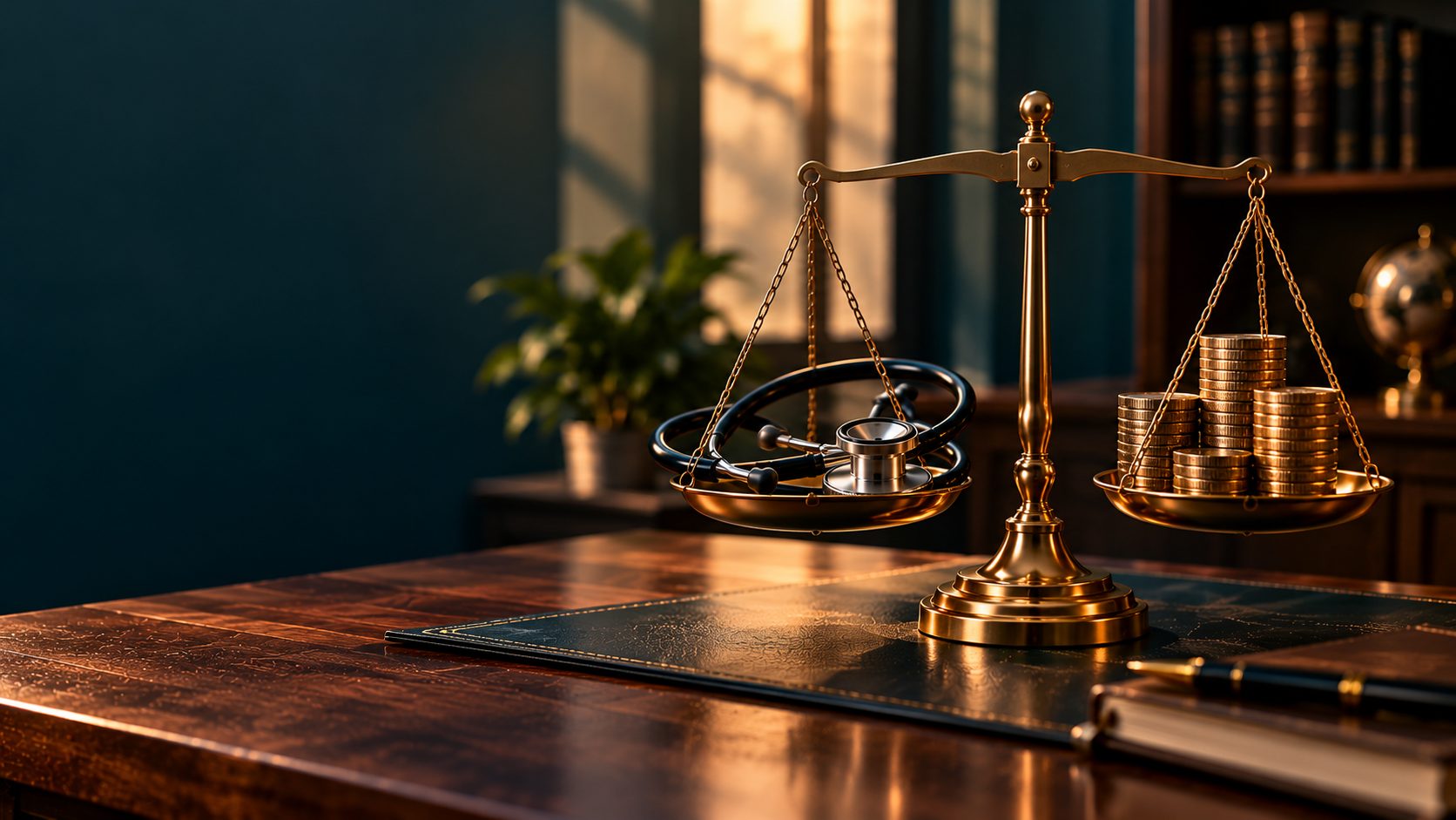 A balance scale weighing a stethoscope against stacks of coins
